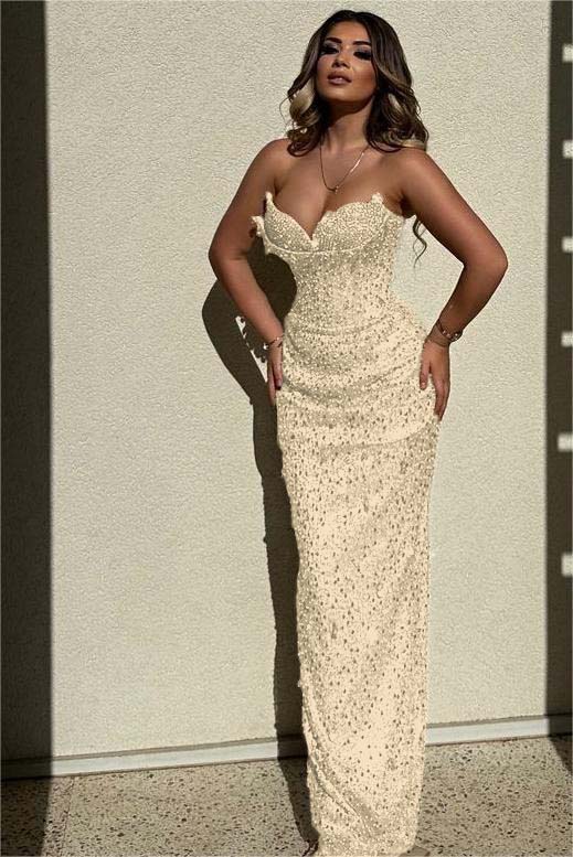Chic Sequins Strapless Sleeveless High Waist Long Formal Dress With Beadings