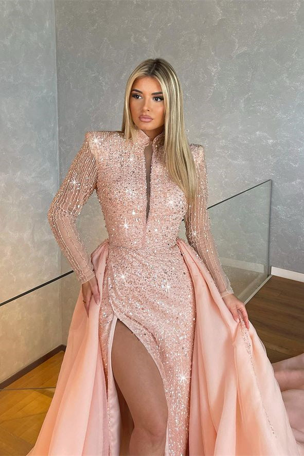 Newinlook Light Pink Mermaid Long Sleeves High Collar Sequins Evening Dress With Split