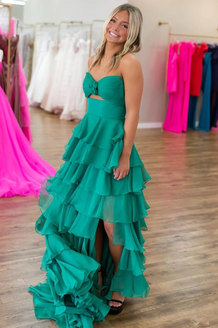 Strapless Sleeveless Long Split Formal Dress With Pleated Ruffles