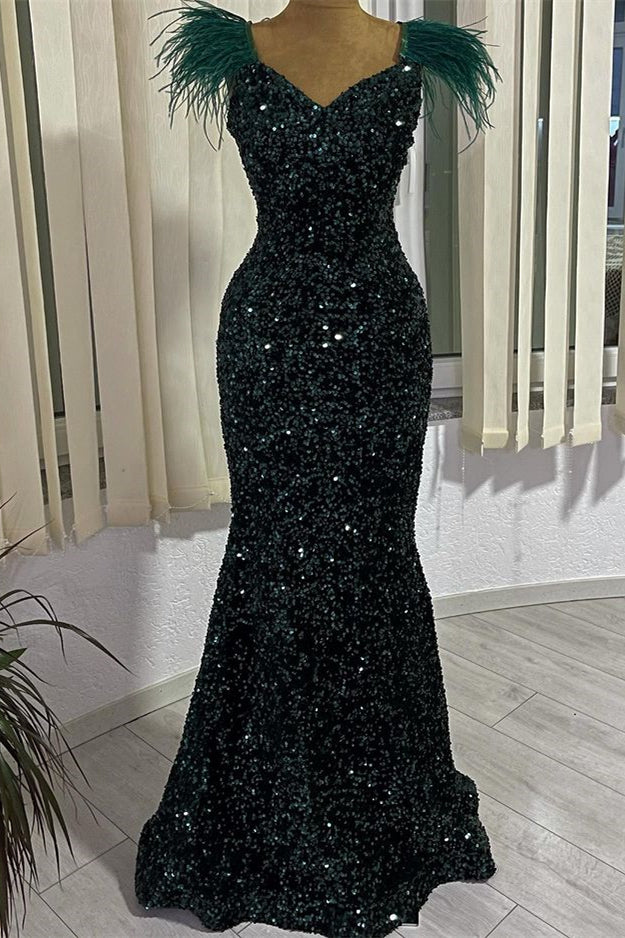Newinlook Dark Mermaid Green V-Neck Sequins Evening Dress With Feather