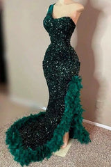 Elegant Dark Green One shoulder Split Ruffles High Split Prom Party Dresses