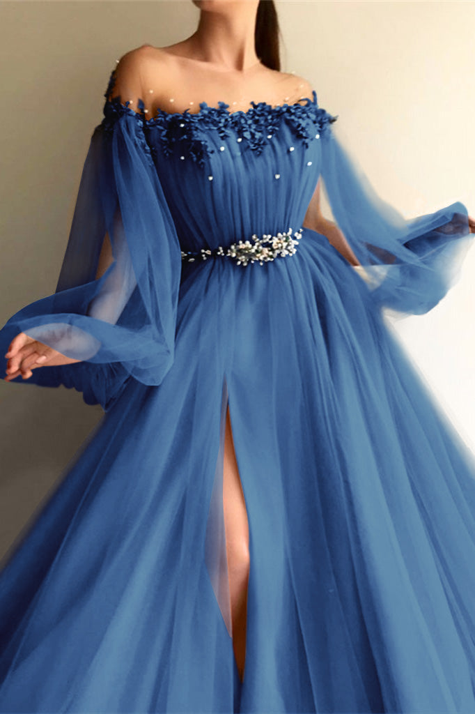 Newinlook Long Sleeves Off-the-Shoulder Evening Dress With Beads