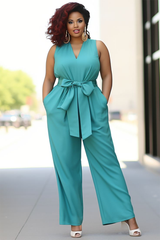 Newinlook Pool Blue V-Neck Sleeveless Jump Suit With Bow Belt