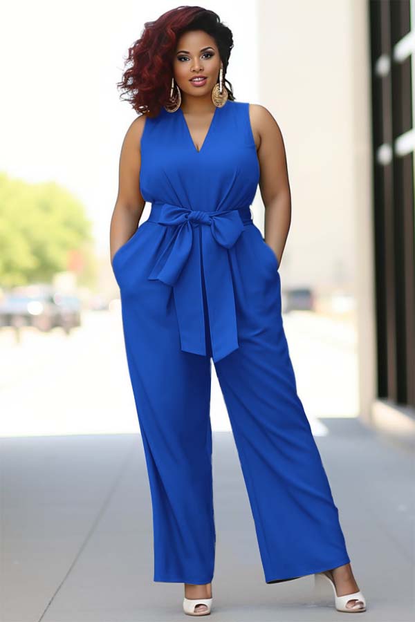 Newinlook Pool Blue V-Neck Sleeveless Jump Suit With Bow Belt