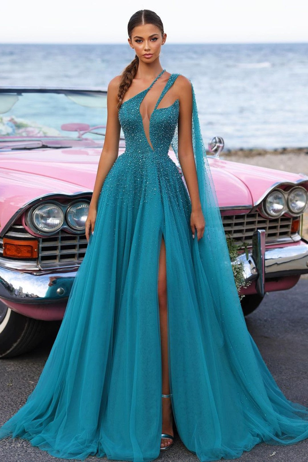 Heavy Tulle One Shoulder Formal Dress Green Sequins With Trail High Slit