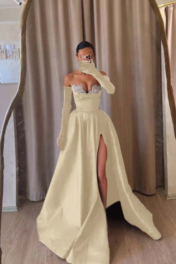 Strapless Sleeveless Long Split Formal Dress With Beading Long Gloves