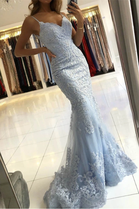 Newinlook Spaghetti-Straps Mermaid Sky Blue Evening Dress