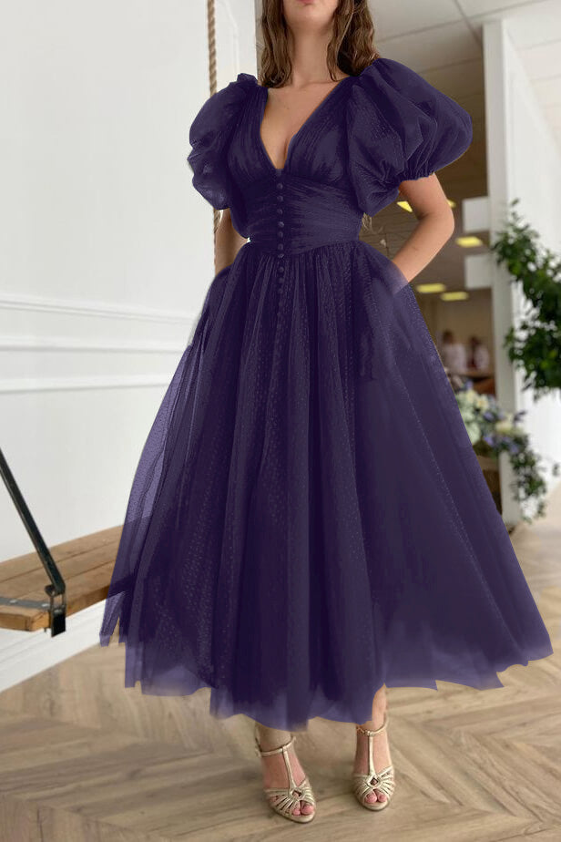 Newinlook Dark Green Evening Dress A-Line With Short Sleeves V-Neck