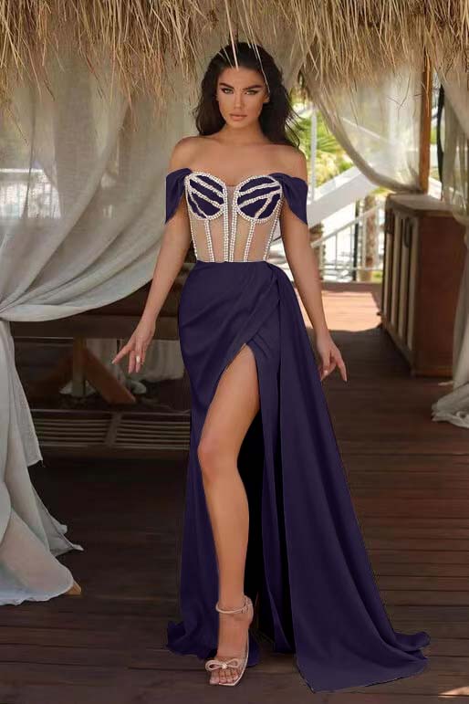 Champagne Ruffles Mermaid Formal Dress Beadings Split With Off the Shoulder
