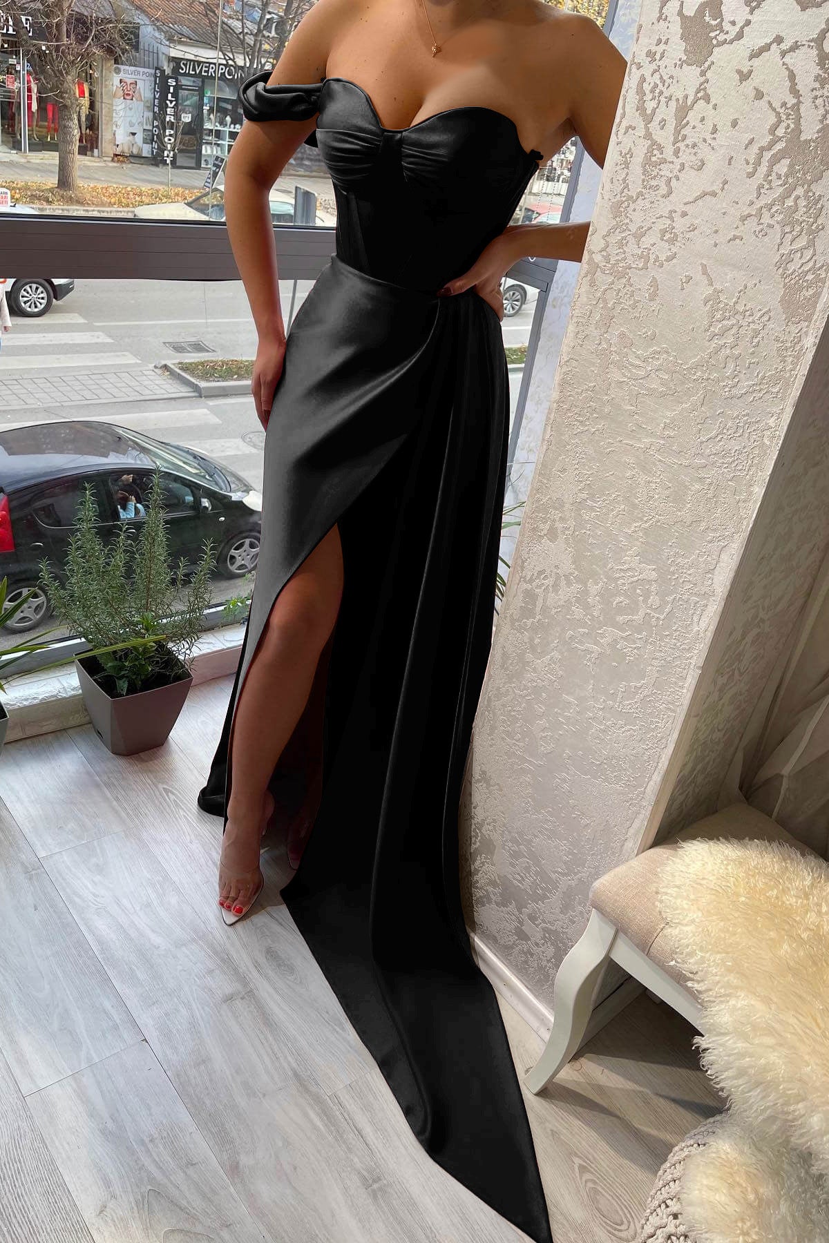 Newinlook Classic One Shoulder Slit Strapless Sweetheart Evening Dress With Ruffle