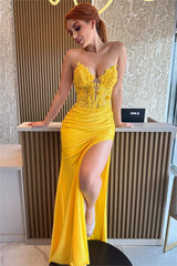 Charming Yellow Strapless Sleeveless Pleated Split Formal Dress With Embroidery