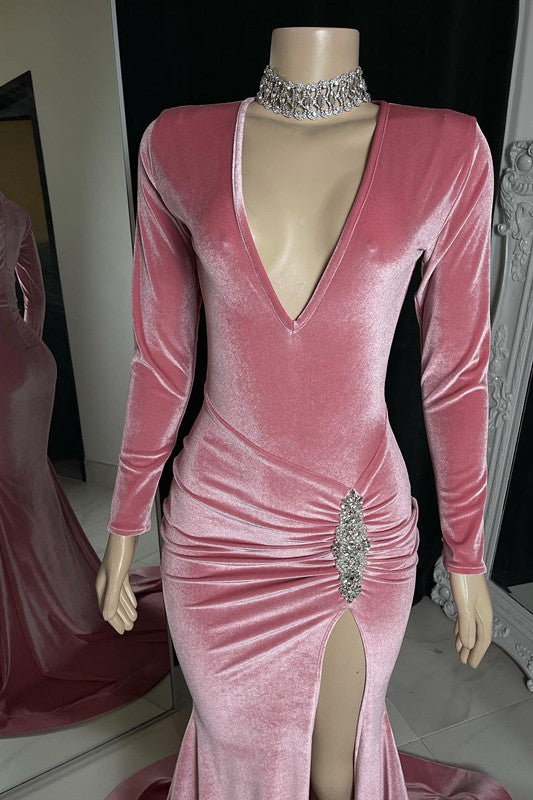 Red Long Formal Dress Long Sleeves Simple With High Split Pleated