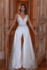 Elegant White Straps V Neck Mermaid Split Formal Dress With Beads