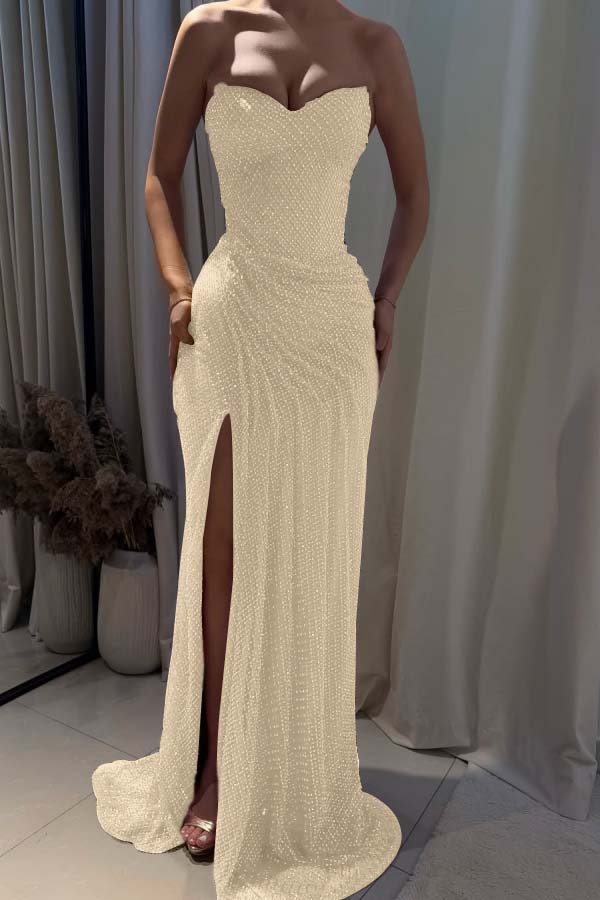 Strapless Sleeveless Mermaid Long Formal Dress With Split Pleated