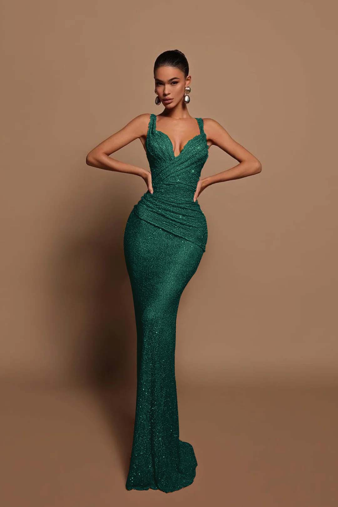 Sexy Pink Long Sequins Formal Dress V Neck Mermaid Sleeveless