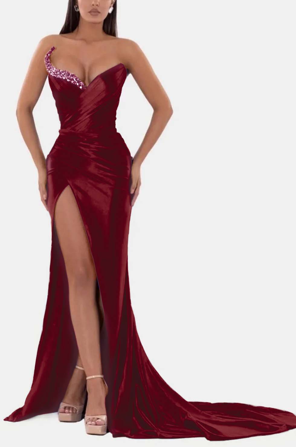 Sexy Royal Blue Formal Dress V Neck With High Slit Pleated Strapless Sleeveless