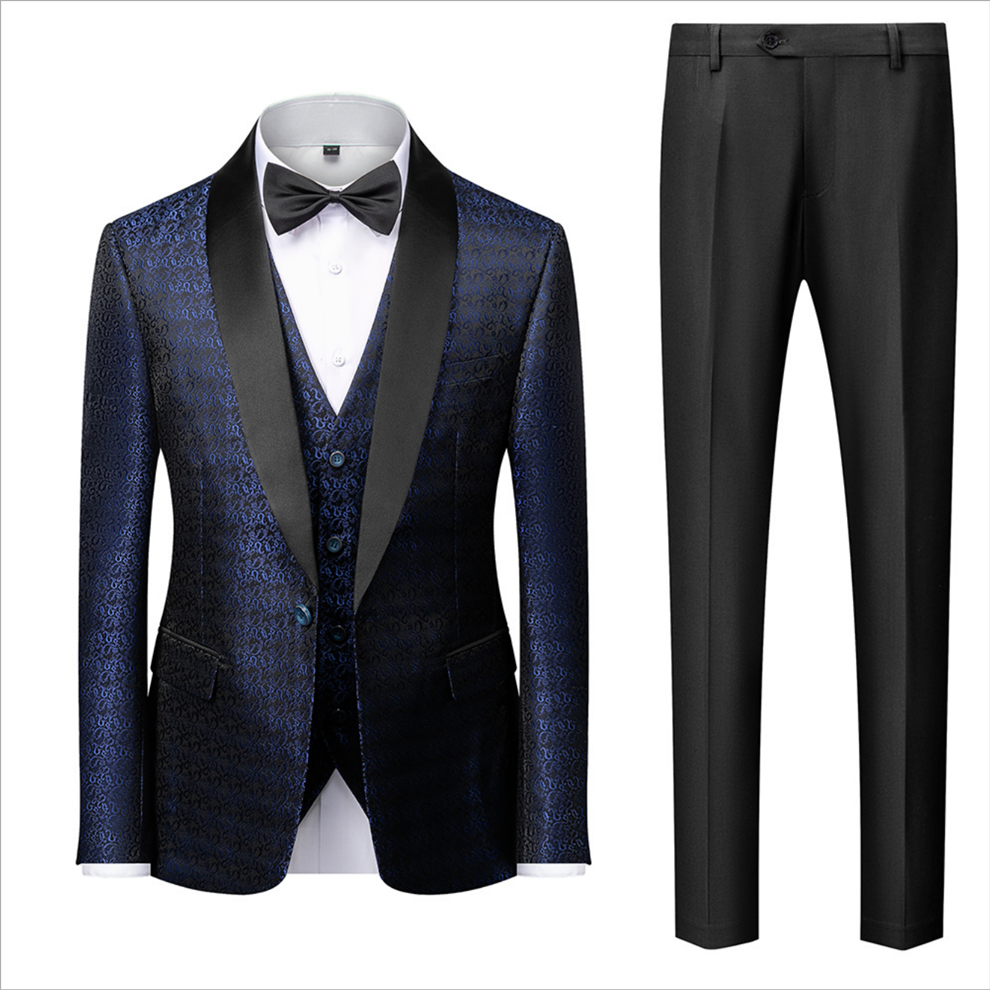 Newinlook Gentle Dark Navy Blue Floral Jacquard One-Button Wedding Suit