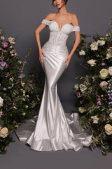 Off The Shoulder Sleeveless Long Mermaid Formal Dress With Pleated