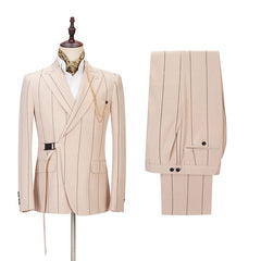 Newinlook Modern Light Champagne Striped Prom Suit with Peaked Lapel
