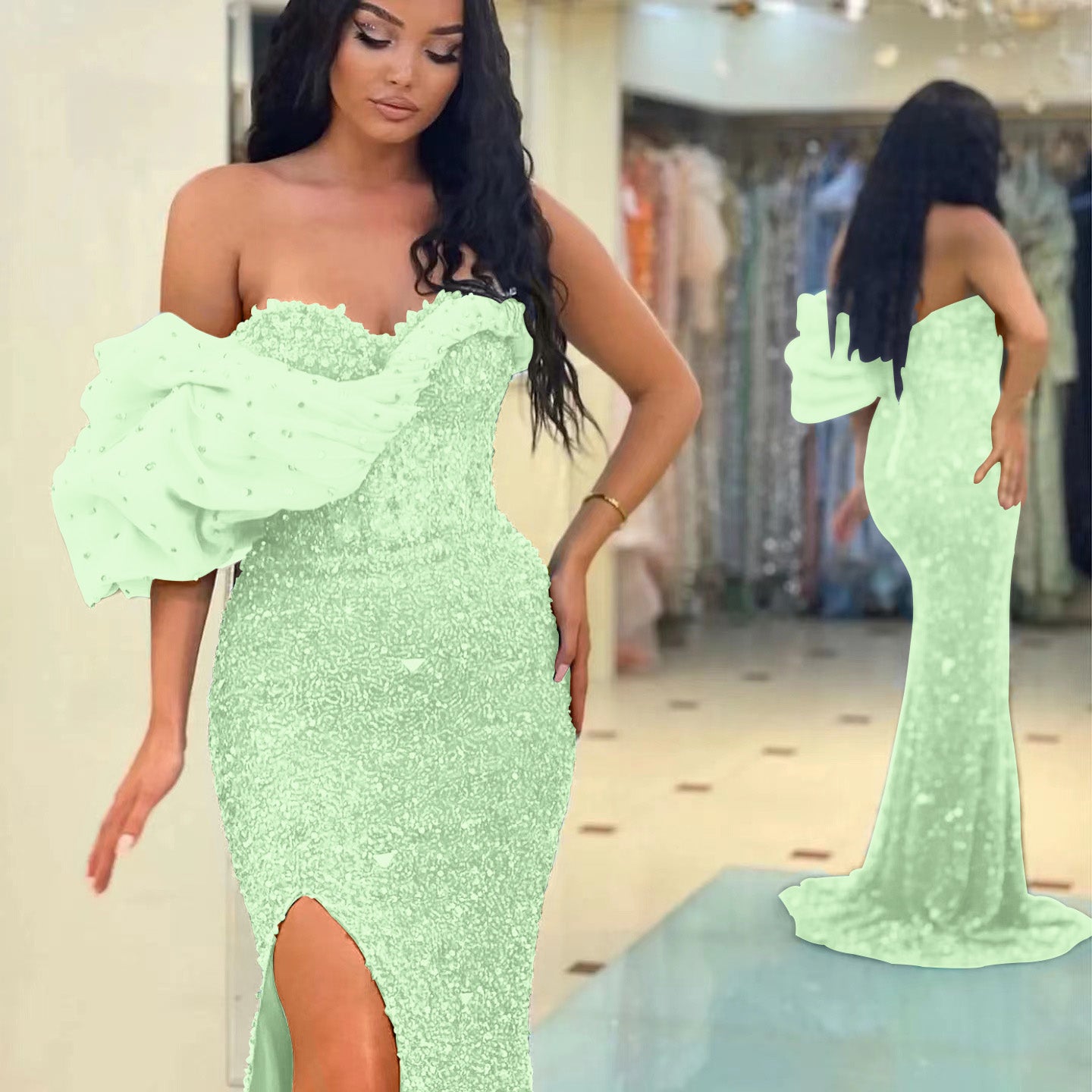 Newinlook Gorgeous One Shoulder Mermaid Split Evening Dress With Sequins Sweetheart Off-The-Shoulder