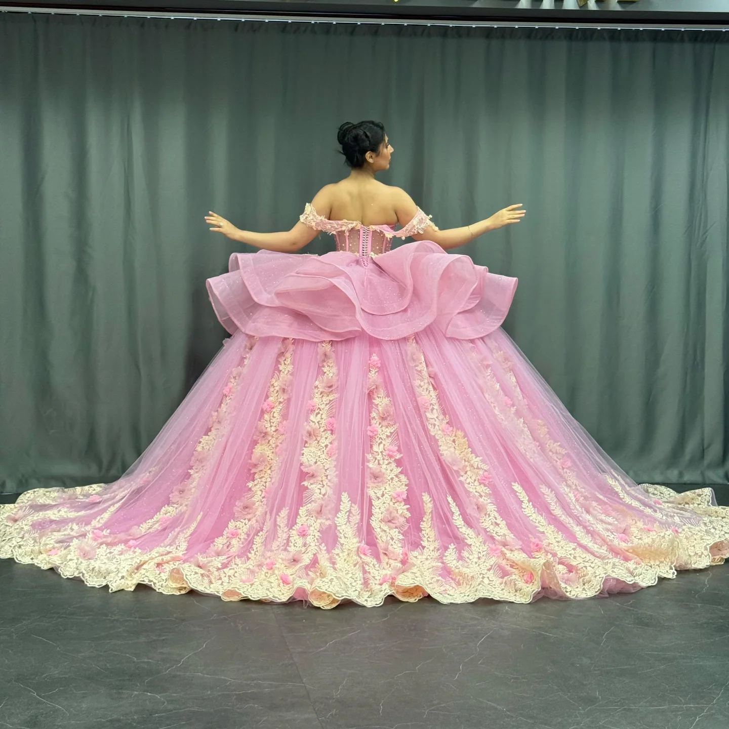 Gold Beaded Off-Shoulder Ball Gown with Detachable Ruffles & 3D Floral Appliques Sparkling Pink Tulle Quinceanera & Formal Party Dress