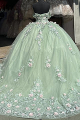 Mint Green Ball Gown Off-Shoulder Sleeveless Quinceanera Dress with 3D Flower Appliques & Pleated Tulle Skirt for Birthday & Special Occasions