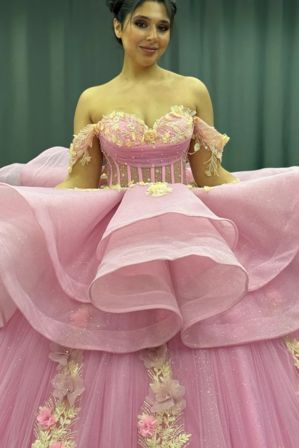 Gold Beaded Off-Shoulder Ball Gown with Detachable Ruffles & 3D Floral Appliques Sparkling Pink Tulle Quinceanera & Formal Party Dress