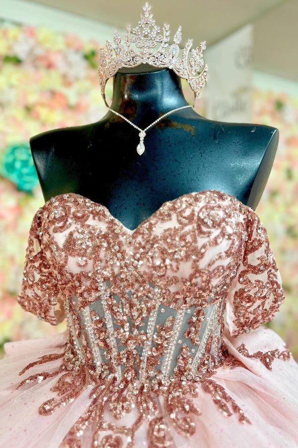 Pink Tulle Quinceanera Dress Off-Shoulder Sequined Ball Gown with Lace-Up Back & Big Bow Knot for Birthday Parties & Formal Evenings