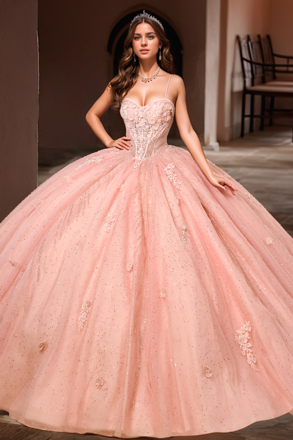 Exquisite Pink Tulle Quinceanera Dress Sweetheart Neckline with Delicate Spaghetti Straps & Floral Lace Appliques
