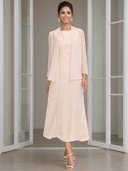 Tea-Length Mother of the Bride Sheath Dress with Beaded Jacket