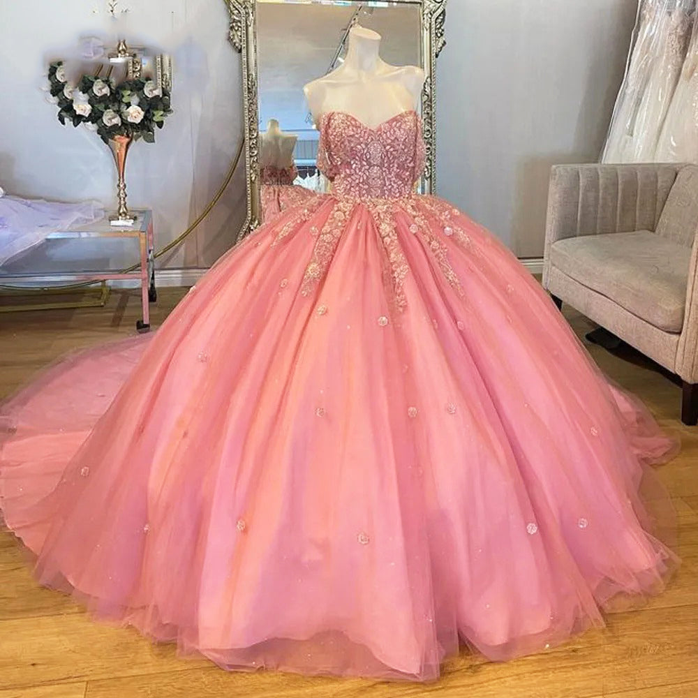 Off-Shoulder Pink Tulle Quinceanera Dress with Floral Applique & Beaded Sparkle Perfect for Sweet 16 & Birthday Galas