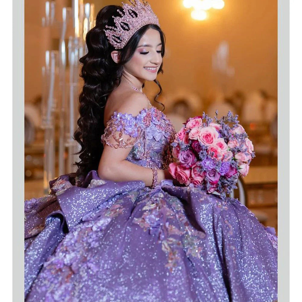 Off-Shoulder Purple Ball Gown 3D Floral Lace Beaded Sequins & Tiered Ruffles for Quinceanera Sweet 16 & Birthday Parties