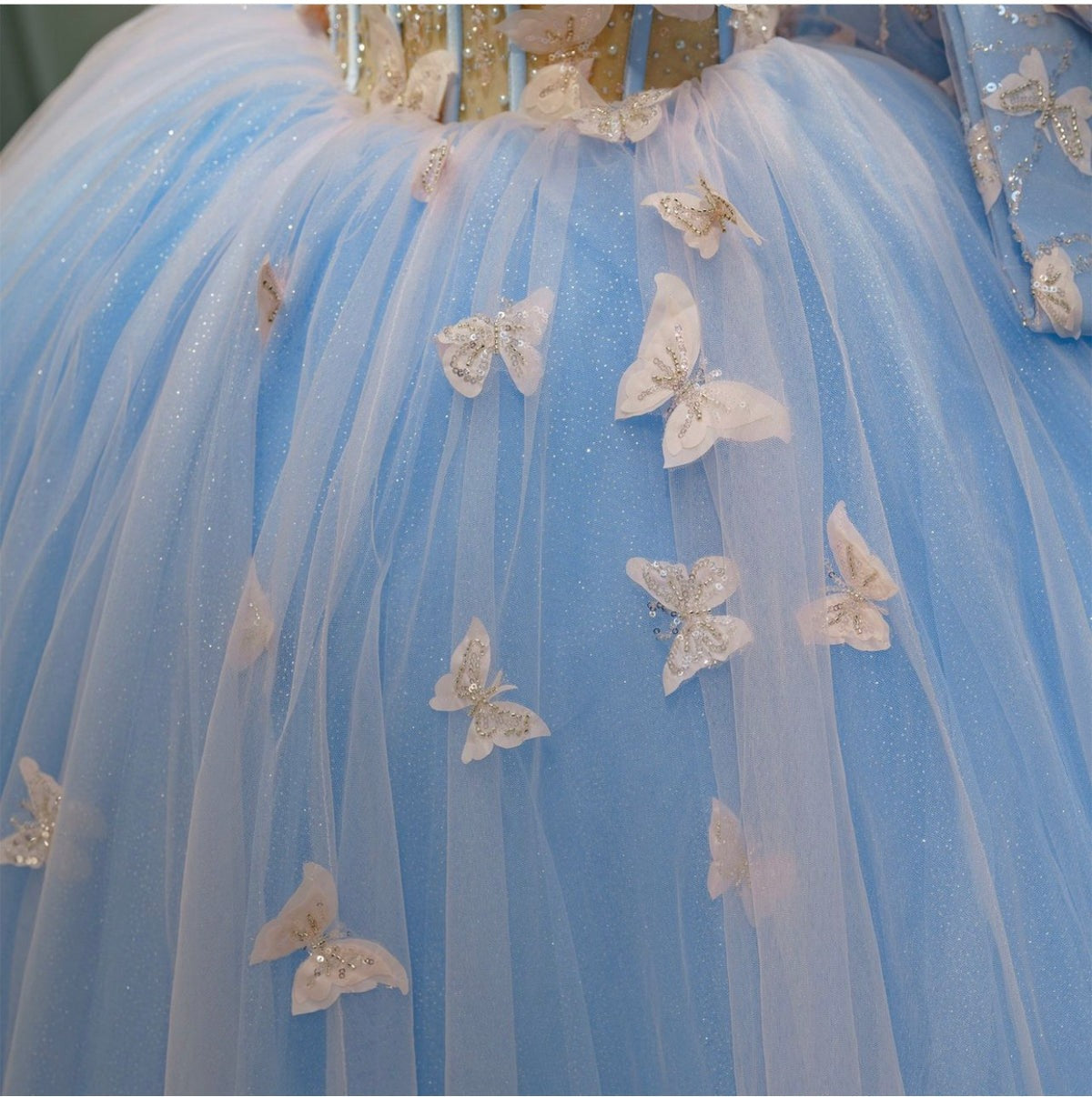 Sky Blue Ball Gown Sweetheart Neckline with 3D Butterfly Lace & Beaded Tulle for Quinceanera Sweet 16 or Princess Birthday Party