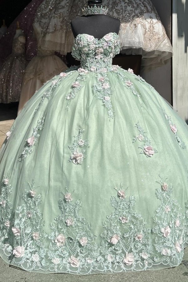 Mint Green Ball Gown Off-Shoulder Sleeveless Quinceanera Dress with 3D Flower Appliques & Pleated Tulle Skirt for Birthday & Special Occasions