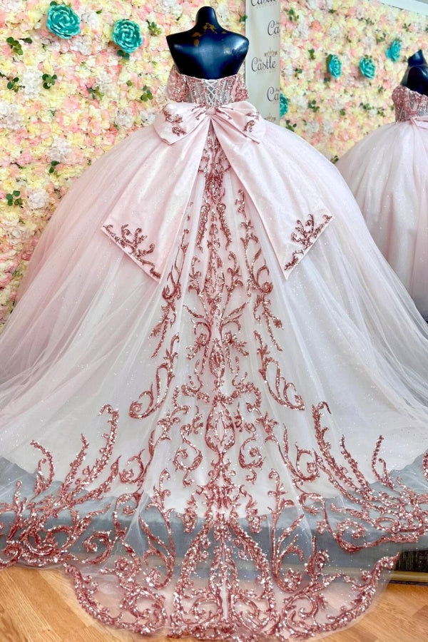 Pink Tulle Quinceanera Dress Off-Shoulder Sequined Ball Gown with Lace-Up Back & Big Bow Knot for Birthday Parties & Formal Evenings