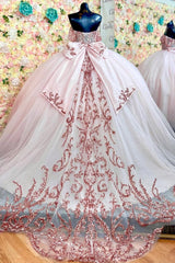Pink Tulle Quinceanera Dress Off-Shoulder Sequined Ball Gown with Lace-Up Back & Big Bow Knot for Birthday Parties & Formal Evenings
