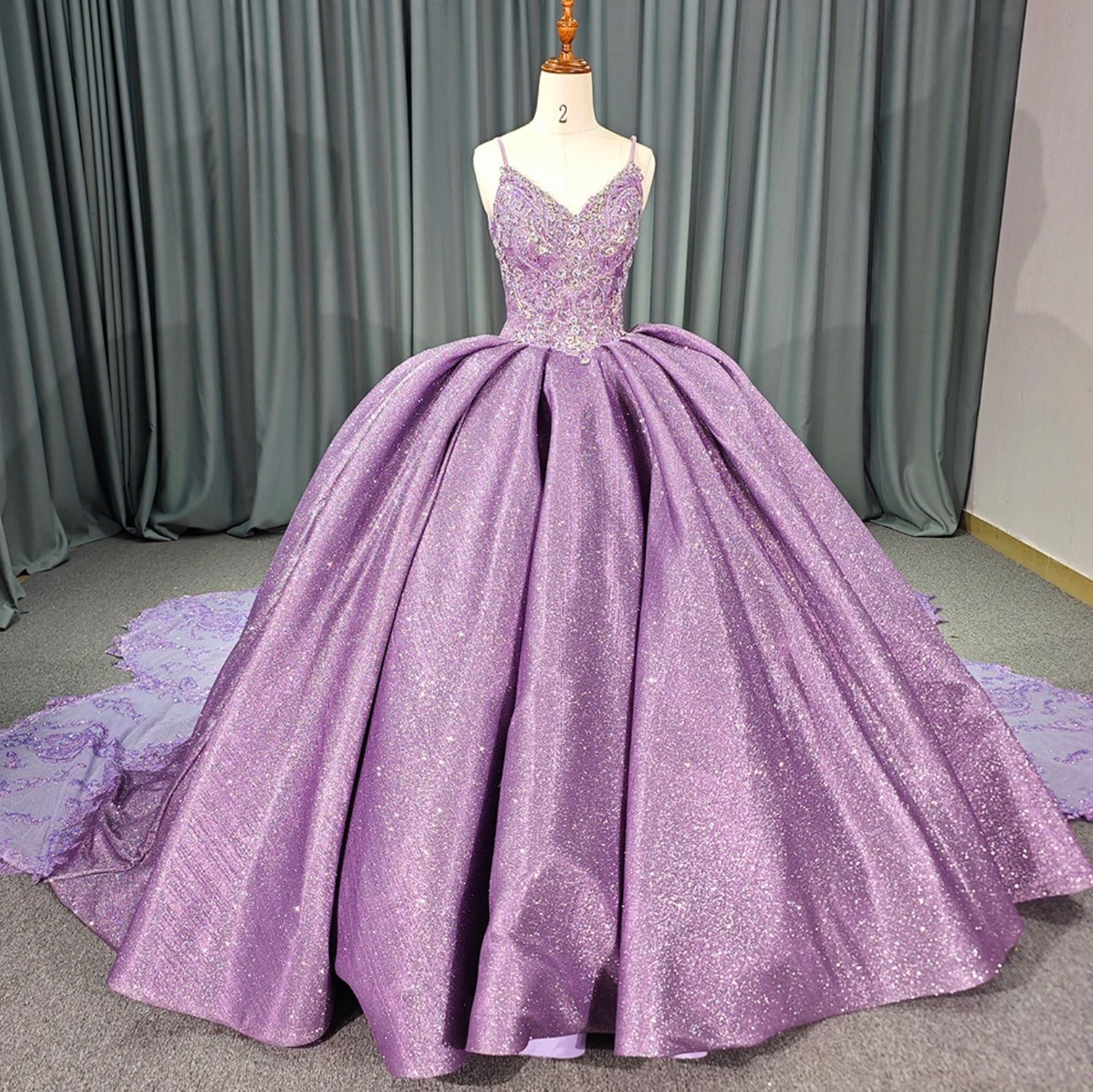 Purple Tulle Princess Ball Gown V-Neck Spaghetti Straps with 3D Floral Lace & Sweep Train for Quinceanera or Sweet 16