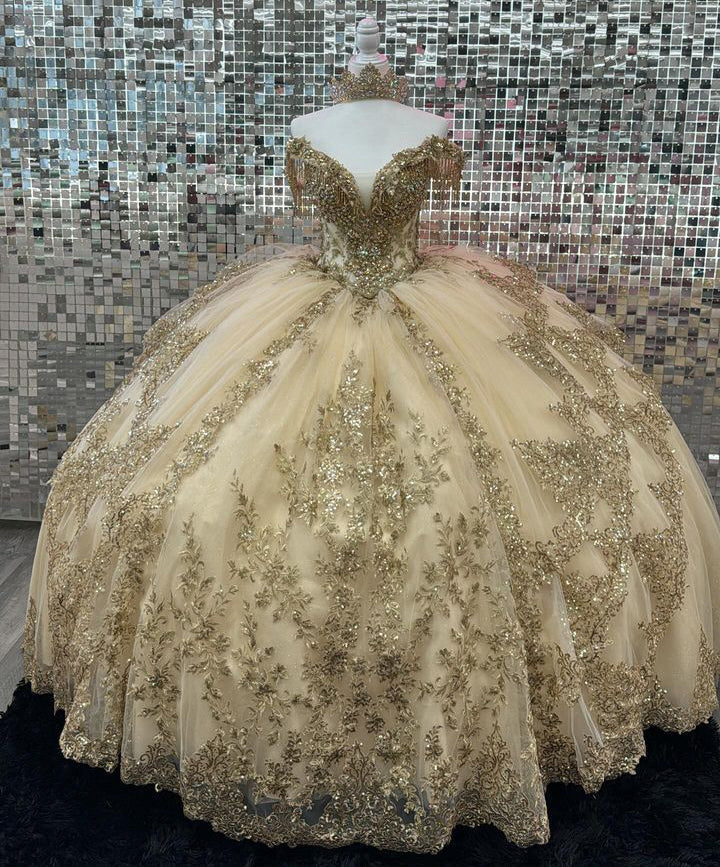 Champagne Ball Gown Off-Shoulder Lace & Beaded Tiered Tulle Quinceanera Dress for Sweet 16 & Birthday Celebrations