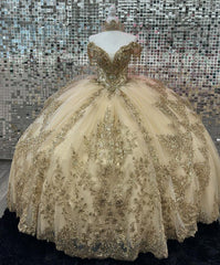 Champagne Ball Gown Off-Shoulder Lace & Beaded Tiered Tulle Quinceanera Dress for Sweet 16 & Birthday Celebrations