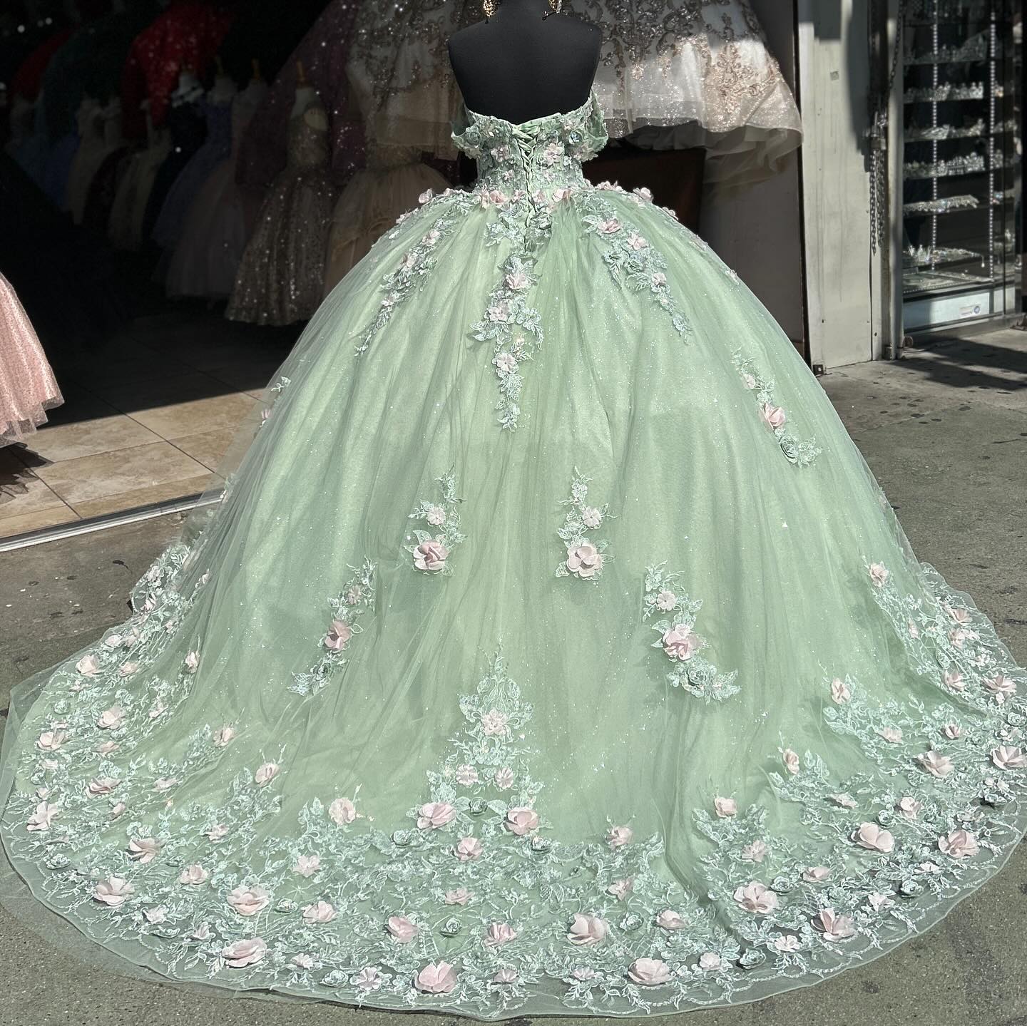 Mint Green Ball Gown Off-Shoulder Sleeveless Quinceanera Dress with 3D Flower Appliques & Pleated Tulle Skirt for Birthday & Special Occasions