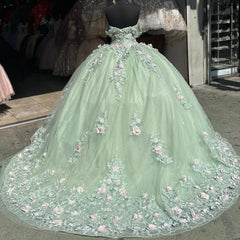 Mint Green Ball Gown Off-Shoulder Sleeveless Quinceanera Dress with 3D Flower Appliques & Pleated Tulle Skirt for Birthday & Special Occasions