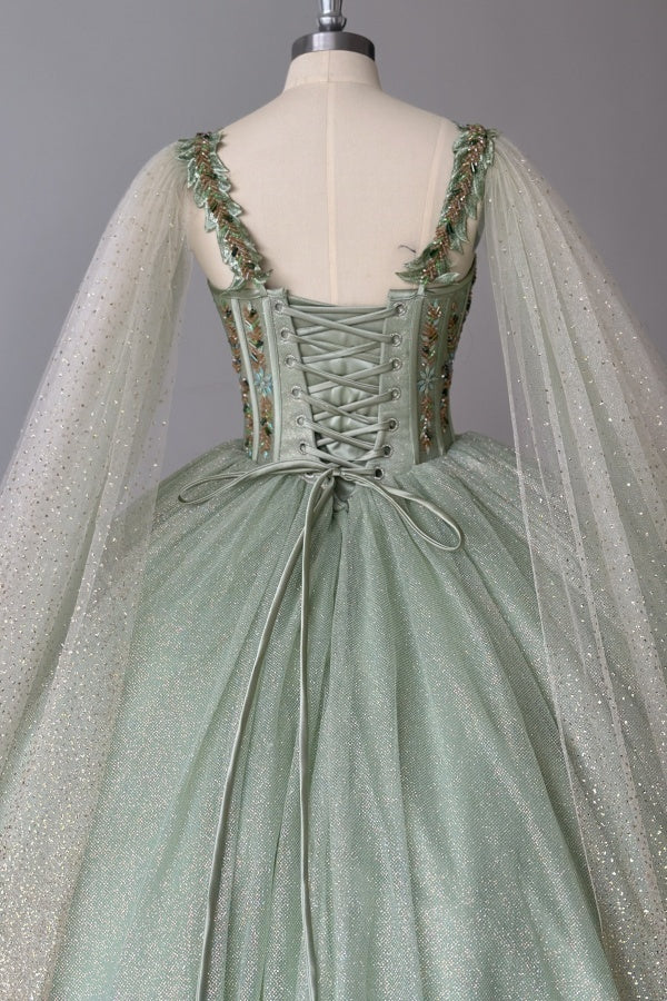 Sage Green Beaded Ball Gown Sweetheart Neckline Sparkling Tulle Quinceanera Dress for Sweet 16 & Formal Evenings