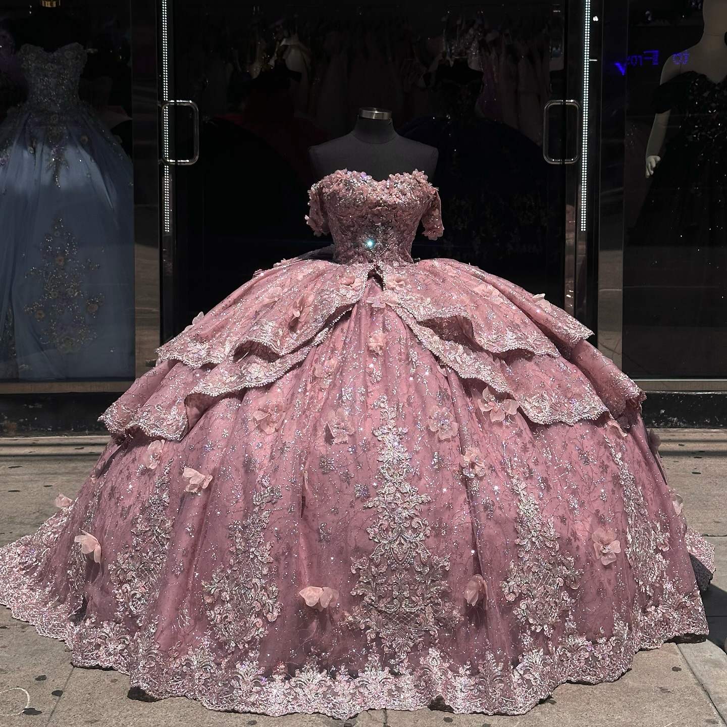 Off-Shoulder Ball Gown with Beaded Appliques 3D Floral Ruffles and Sparkly Pink Tulle for Quinceanera & Sweet 16 Celebrations