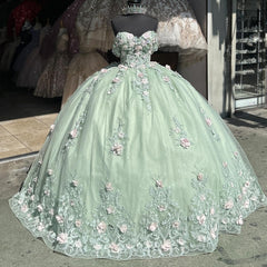 Mint Green Ball Gown Off-Shoulder Sleeveless Quinceanera Dress with 3D Flower Appliques & Pleated Tulle Skirt for Birthday & Special Occasions