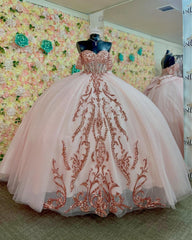 Pink Tulle Quinceanera Dress Off-Shoulder Sequined Ball Gown with Lace-Up Back & Big Bow Knot for Birthday Parties & Formal Evenings