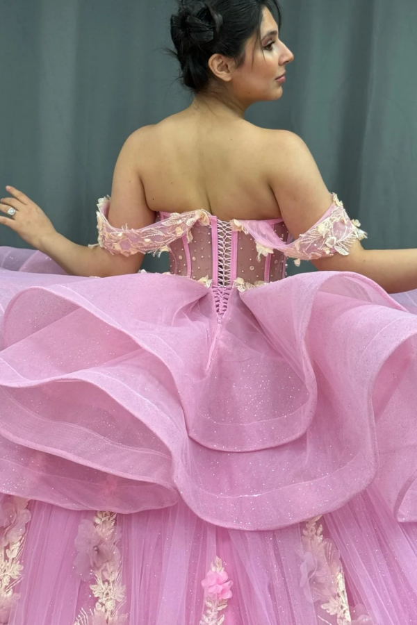Gold Beaded Off-Shoulder Ball Gown with Detachable Ruffles & 3D Floral Appliques Sparkling Pink Tulle Quinceanera & Formal Party Dress