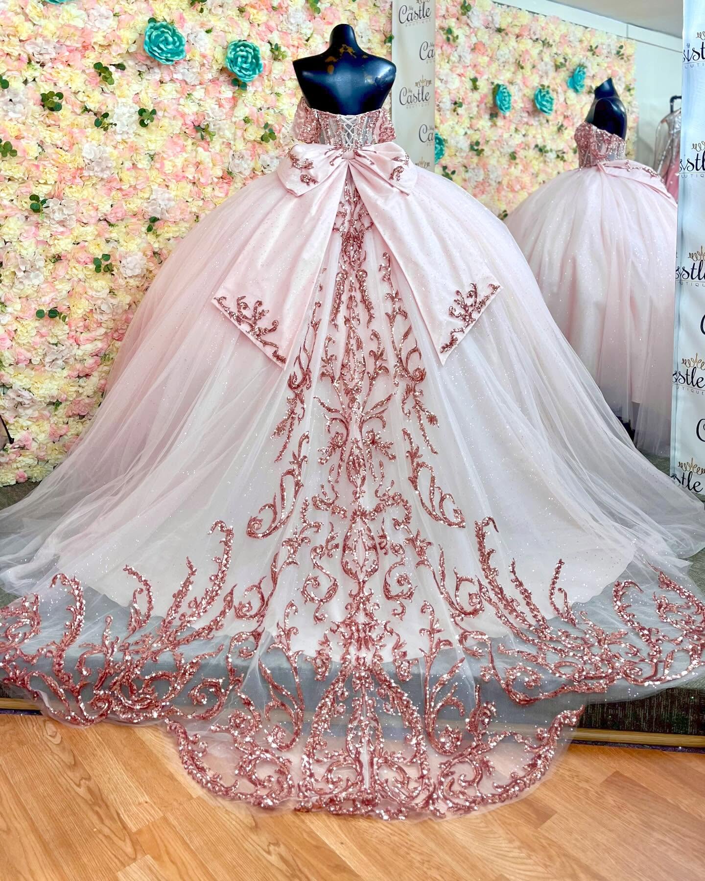 Pink Tulle Quinceanera Dress Off-Shoulder Sequined Ball Gown with Lace-Up Back & Big Bow Knot for Birthday Parties & Formal Evenings