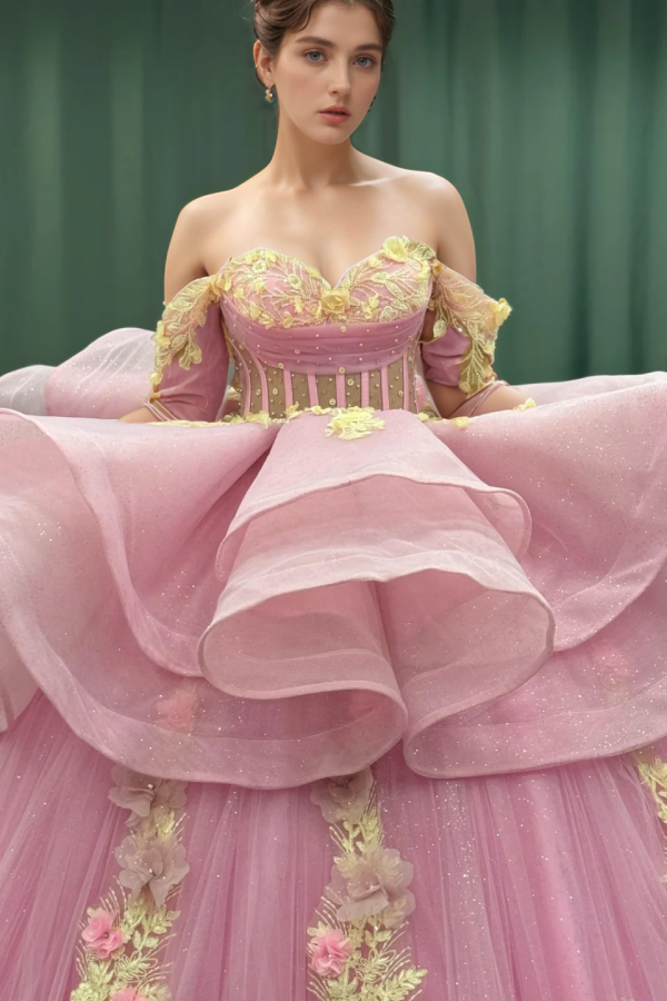 Gold Beaded Off-Shoulder Ball Gown with Detachable Ruffles & 3D Floral Appliques Sparkling Pink Tulle Quinceanera & Formal Party Dress
