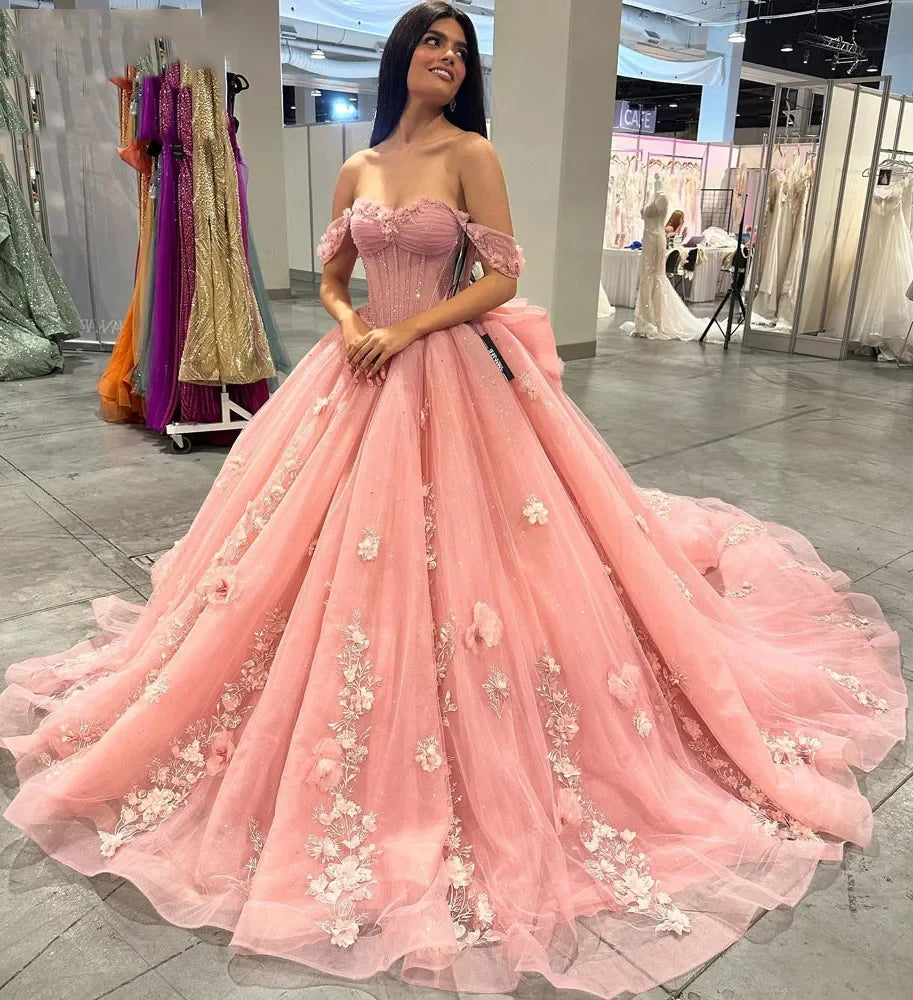 Exquisite Off-Shoulder Ball Gown with 3D Floral Lace Appliques Pink Tulle Quinceanera & Sweet 16 Dress