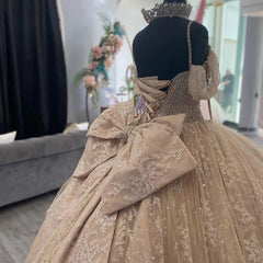 Champagne Quinceanera Ball Gown Off-Shoulder Spaghetti Strap Lace Applique Tulle Dress for Sweet 16